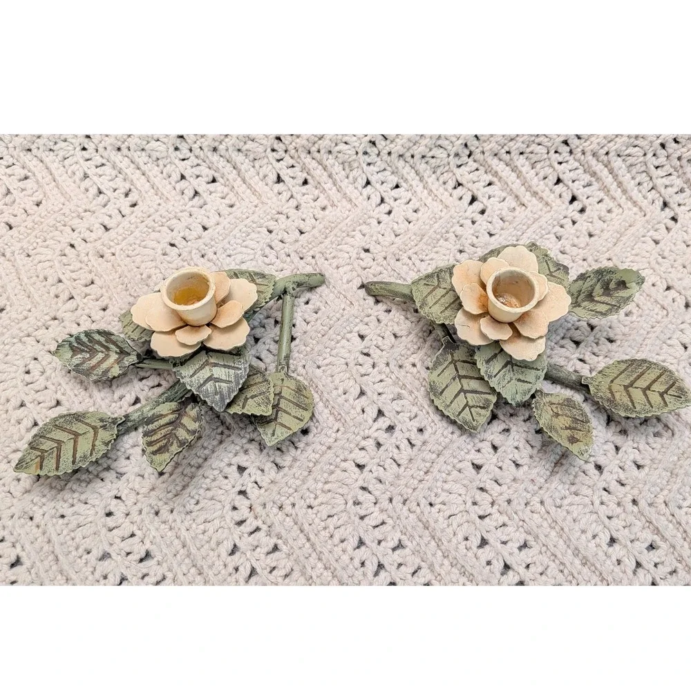 Vintage Metal Rose Floral Taper Candle Holders Pair Green Cream 9x6 Cottagecore